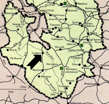 Map of the Peak District showing Longnor